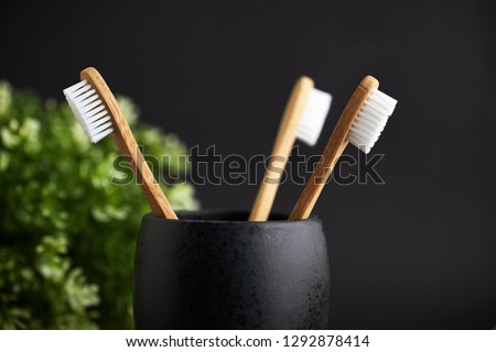 Close up of three bamboo toothbrushes in a black glass with plant on a dark background Royalty-Free Stock Photo #1292878414