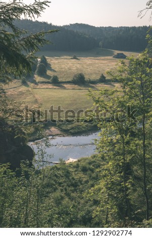 water stream in river of Amata in Latvia with sandstone cliffs, green foliage in summer morning - vintage retro film look