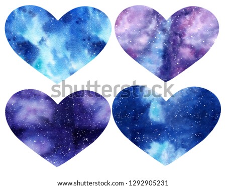 Set of Watercolor galaxy hearts isolated on the white background. Hand painted watercolor illustration perfect for Valentine's day invitation or romantic post cards.