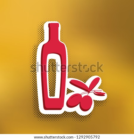 Black olives branch with olive oil bottle sign. Vector. Magenta icon with darker shadow, white sticker and black popart shadow on golden background.