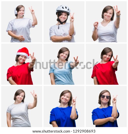 Collage of young woman with down syndrome over isolated background smiling with happy face winking at the camera doing victory sign. Number two.