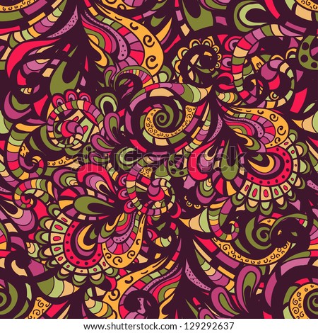Hand drawn abstract seamless pattern in motley tones. Endless oriental background with paisley elements