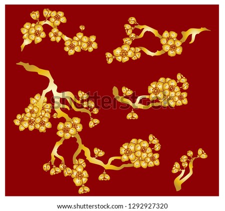 Cherry blossom with branch for printing on red background.
