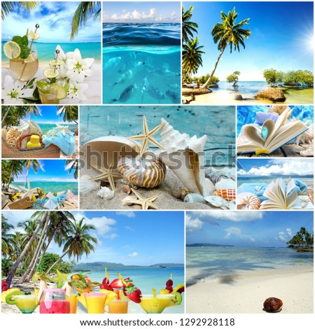 Collage from views of the Caribbean beaches, amazing landscape of Samana, Dominican Republic, with hammock, cocktails, shells, palm trees, flowers, ocean, waves, sky, sun and clouds