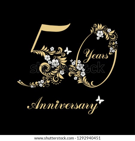50 years anniversary. Happy birthday card. Celebration black background with gold number fifty and place for your text. Vector illustration