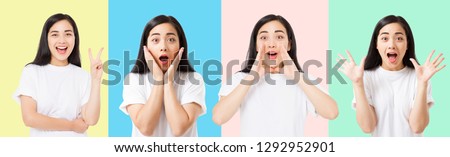 Collage of surprised shocked excited asian woman face isolated on colorful background. Young asian girl in summer t shirt. Copy space