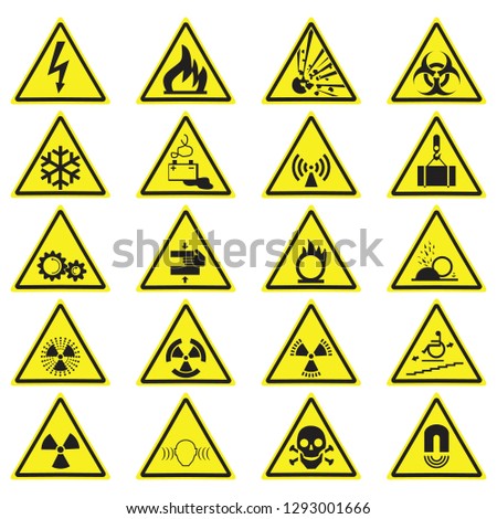 Warning Hazard Yellow Triangle Signs Set. Vector symbols isolated on white.