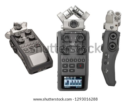 HANDY RECORDER. Handheld Audio Recorder for YouTube Channel Creators and Small Production Video Film Music Projects. AUDIO HANDY RECORDER Clipping Paths Included in JPEG. Isolated on white background.