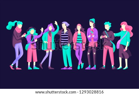 Vector people happy friends character. Group of teenagers in winter or autumn trendy clother, with gadgets are walking and chatting. Colorful flat concept illustration.