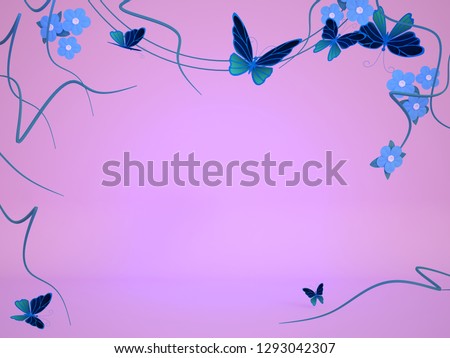 Beautiful background with floral composition of forget-me-nots and tropical butterflies. Free space for text. 3D illustration for postcards, posters, coupons, advertising materials.