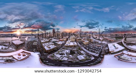 This is a full 360x180 aerial photosphere of Portland snowy morning.