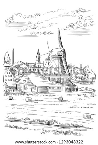 Vector hand drawing Illustration of watermill in Amsterdam (Netherlands, Holland). Landmark of Holland. Vector hand drawing illustration in black color isolated on white background.