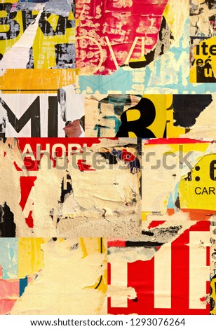 Collage ripped torn advertisement street posters grunge creased crumpled paper texture background placard backdrop surface