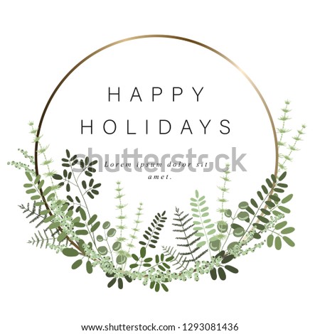 Gold round template for your text, decoration of leaves, branches, grasses and other plants. Bright frame for gift card and other greeting on holidays. Isolated on a white background.