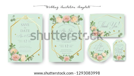 Floral Wedding Invitation elegant invite, thank you, rsvp, Save the Date, Bridal Shower, marriage day card Design garden flowers pink peach Rose, green Eucalyptus leaf greenery bouquet banner template
