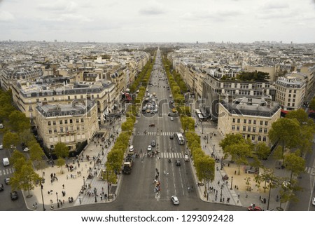 The Champs Elysees as seen from the roof of Arc de Triomphe looking east towards the Place de la Concorde.