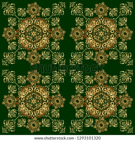 Luxury floral frames and ornate decor. Seamless pattern in Victorian style on a green background. Vector golden elements for vignettes and borders or design template.