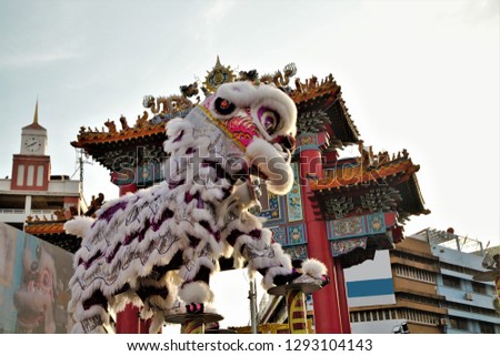 Blurred picture of Moving lion,Chinese lion dance for Chinese new year in yaowalat,Bangkok.Thailand,Lion Dance, Dragon , lion Dance Street