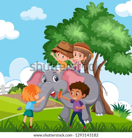 Children riding elephant in nature illustration