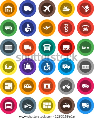 White Solid Icon Set- school bus vector, bike, Railway carriage, plane, traffic light, ship, sea container, delivery, car, port, consolidated cargo, warehouse, disabled, amkbulance, garage, trolley
