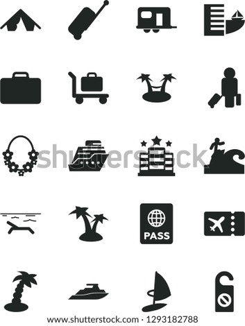 Solid Black Vector Icon Set - passport vector, camper, passenger, suitcase, plane ticket, rolling case, hotel, tent, beach, palm tree, hawaii wreath, surfing, baggage, cruiser, hammok, yacht