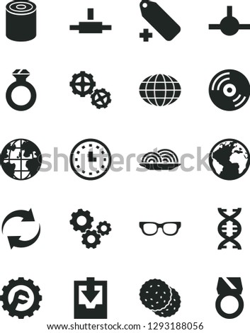 Solid Black Vector Icon Set - sign of the planet vector, renewal, add label, download archive data, gears, star gear, CD, tin, onion, biscuit, globe, wall watch, connect, glasses, dna, diamond ring