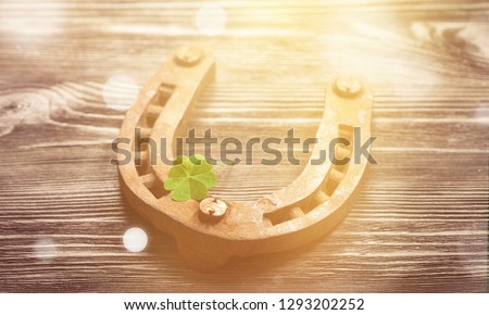Metal horseshoe and clover leaf on wooden table