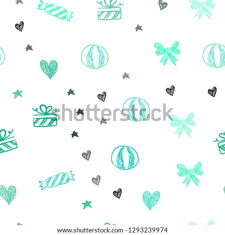 Light Green vector seamless template in carnival style. Colorful illustration with aheart, baloon, candy, gift, star, ribbon. Pattern for carnival, festival ads.
