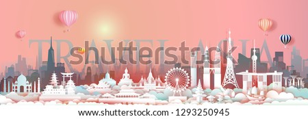 Travel landmark Asia with downtown cityscape skyline and asean tourism, Traveling landmarks city capital by balloon, Travel world to Asian, For poster and postcard,Vector illustration origami paper. Royalty-Free Stock Photo #1293250945