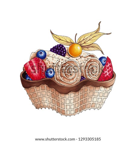 Illustration of ice cream with berries.