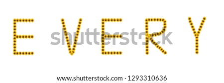 Fine art still life color image of the word every constructed from floral/flower letter made of sunflower blossom macros on white background