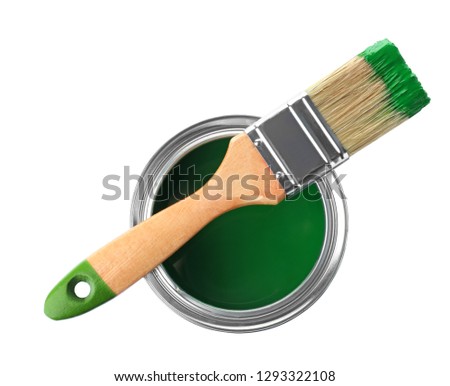 Paint can and brush on white background, top view Royalty-Free Stock Photo #1293322108