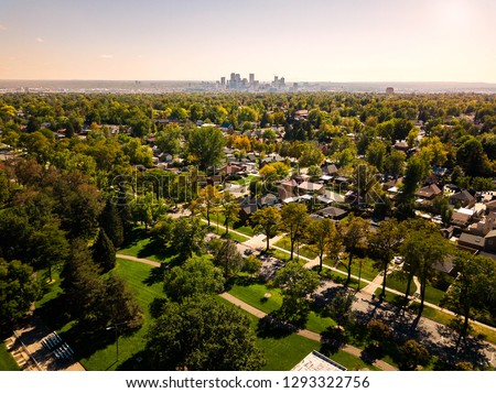 Aerial photo of Denver skyline taken from a park