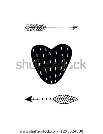 Vector, clip art, hand drawn. Emblem with magical heart, arrows, stars. Hand logo, boho style tattoo. Decorative print for card, poster, t-shirt and other clothes. Isolated objects