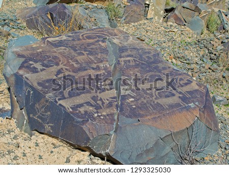 Picture of antelopes, dogs, wolves & people with bows on rocks at Tamgaly National Petroglyph Park (Kazakhstan). Bronze age. 