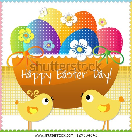 Easter day card or background - basket with colored eggs and flowers.