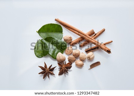 Various spice on white background