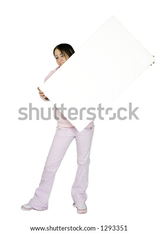 teen in pink holding banner over a white background