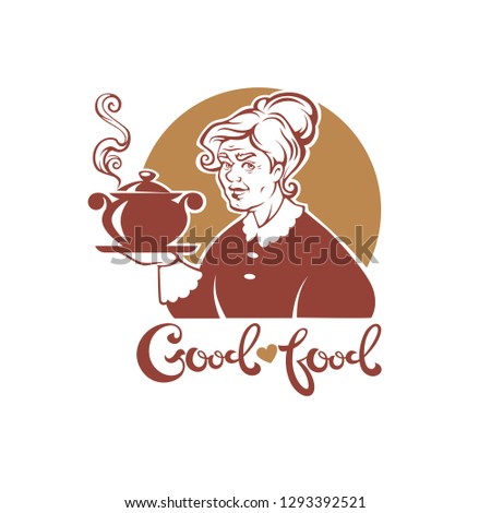 Good Food, vector portrait of lovely grandmother and home made soup