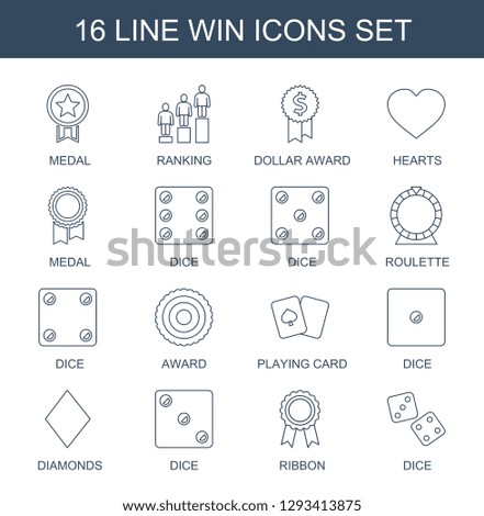 win icons. Trendy 16 win icons. Contain icons such as medal, ranking, dollar award, Hearts, Dice, Roulette, award, playing card, Diamonds, ribbon. win icon for web and mobile.