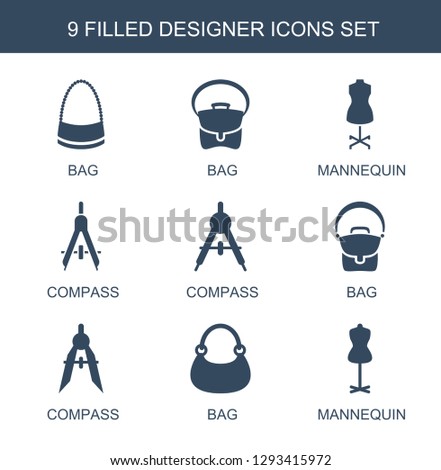 9 designer icons. Trendy designer icons white background. Included filled icons such as bag, mannequin, compass. designer icon for web and mobile.