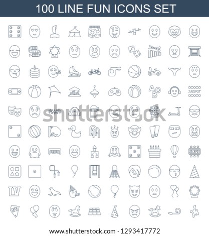 100 fun icons. Trendy fun icons white background. Included line icons such as paintball, party pipe, toy horse, devil emot, party hat, dance floor. fun icon for web and mobile.