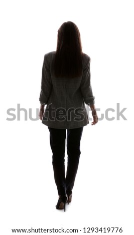 Silhouette of beautiful businesswoman on white background, back view