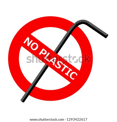 Vector Icon prohibitive sign of environmental themes. On the red warning sign, the crossed-out plastic tube and the text: NO PLASTIC.