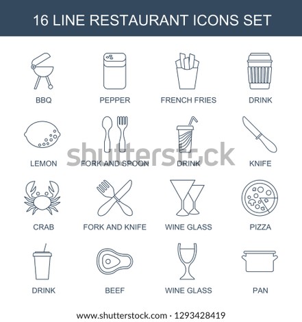 16 restaurant icons. Trendy restaurant icons white background. Included line icons such as bbq, pepper, french fries, drink, Lemon, fork and spoon. restaurant icon for web and mobile.