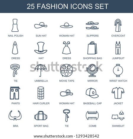 fashion icons. Trendy 25 fashion icons. Contain icons such as nail polish, sun hat, woman hat, slippers, overcoat, dress, hat, shopping bag, jumpsuit. fashion icon for web and mobile.