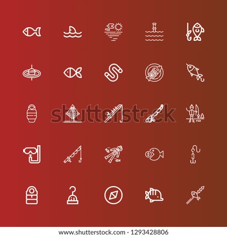 Editable 25 fishing icons for web and mobile. Set of fishing included icons line Fish, Adventure, Hook, Sleeping bag, Scuba diving, Fishing, Dive, Ice rod on red