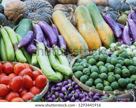 Various vegetables placed on shelves for sale in the market and supermarket. Eating vegetables makes good health without disease. Long eggplant, pumpkin, zucchini, papaya, bergamot, tomato, hatch