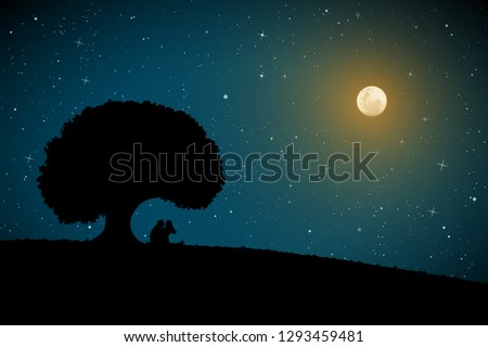 Lovers under tree on moonlit night. Vector illustration with silhouette of loving couple. Full moon in starry sky Royalty-Free Stock Photo #1293459481