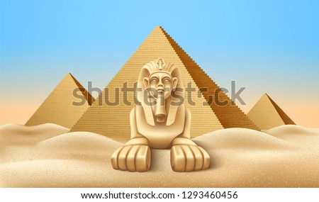 Realistic Egypt pyramids with sphinx. Famous African landmark, historical place in Giza. Egyptian pharaoh tomb, Cairo tourism and travel destination. Ancien architecture in sand dunes. Vector Royalty-Free Stock Photo #1293460456